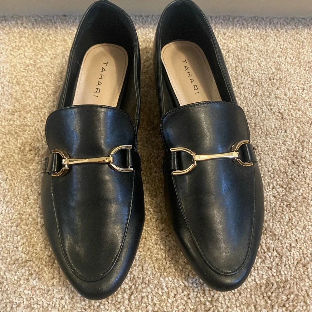 Tahari Black and Gold Indira Flats with Sophisticated Design